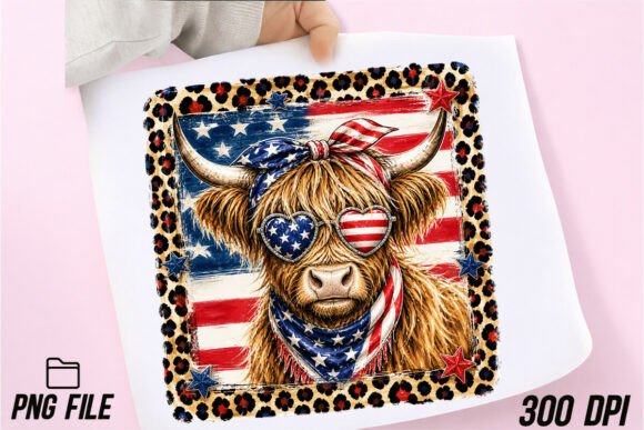 Patriotic Highland Cow Hand Painted: A Charming Design Asset